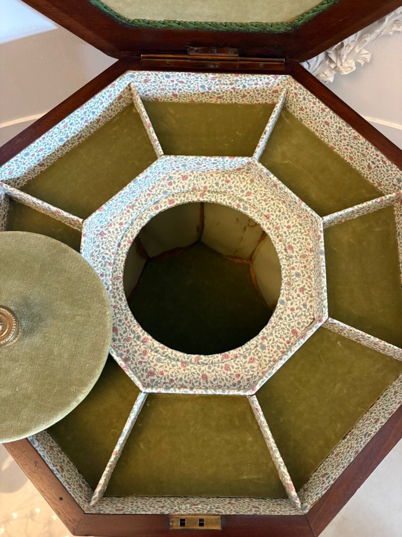 Antique Edwardian Inlaid Mahogany Octagonal Work / Lamp Table Sewing Table With Silk Basket - Image 10